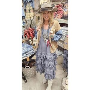 A Rare Bird Blue Tiered Ruffle Lace Slip Dress Dress Adjustable Size S/M NWT